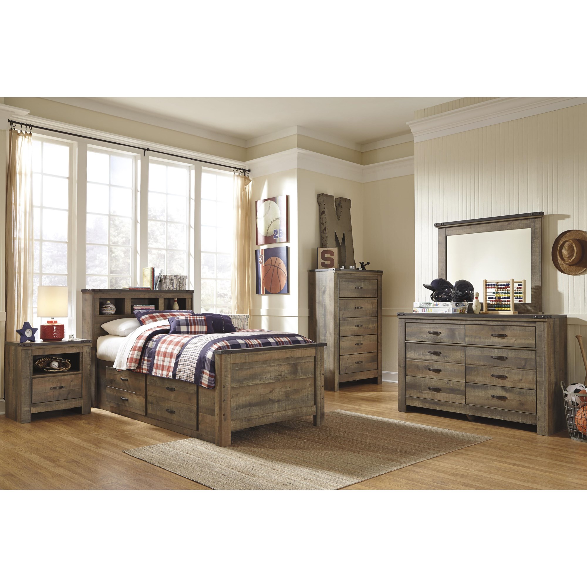 Signature Design By Ashley Trinell B446b17 Rustic Look Twin Bookcase Bed With Under Bed Storage 